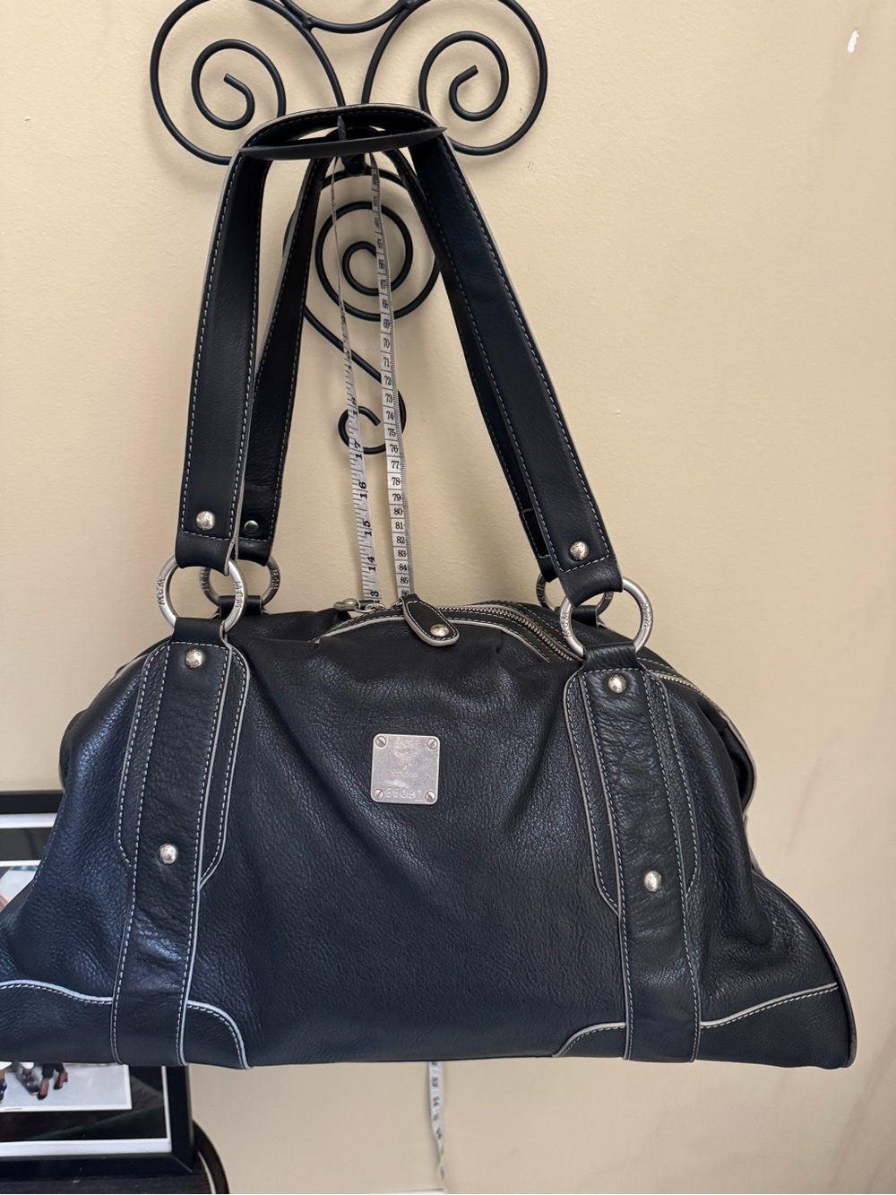 MCM Black Pebbled Leather Boston Satchel Shoulder Bag Silver Hardware